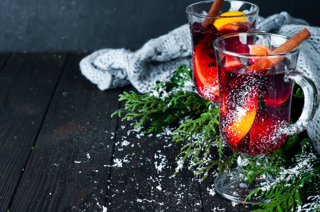 Christmas mulled wine with spices in glass,